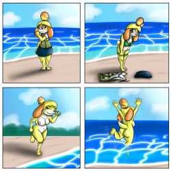 animal_crossing ass beach birbpan breasts dog_girl female female_focus female_only isabelle_(animal_crossing) naked nintendo nipples pussy skinny_dipping stripping undressing