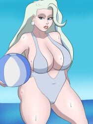 1girls beach_ball blueartfiend breasts chubby_female huge_breasts melony_(pokemon) milf oiled_skin one-piece_swimsuit pokemon pokemon_ss swimsuit thick_thighs