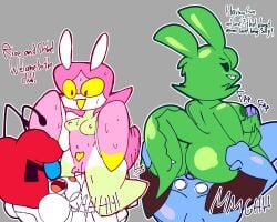 1boy 3girls blue_body blue_slime blush bug bug_(sodabug) female femboy futa_on_female green_body green_slime handjob horns insects ladybug laura_(spicymints) licking_pussy male miino_(slime_amiibo) oral oral_sex robot robot_girl sex shocked shortstack slime slime_amiibo slime_girl sodabug spicymints suprised tobias_(spicymints)