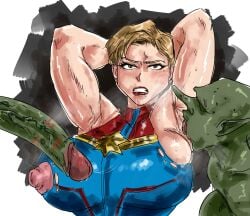 1girls 2boys armpit armpit_fetish armpit_licking armpits arms_up badlandblack big_breasts blonde_hair bodysuit breasts captain_marvel carol_danvers female goblin goblin_male goblins green_skin light-skinned_female light_skin lipstick long_penis male marvel mole muscular_female nipples orc orcs penis rape short_hair sweat