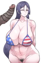 1boy 1girls american_flag_bikini bikini bottomless bottomless_female breasts censored censored_penis cleavage dark-skinned_male dark_skin disembodied_penis fate/grand_order fate_(series) female huge_breasts huge_cock light-skinned_female light_skin long_hair male massive_breasts mature_female milf minamoto_no_raikou_(fate/grand_order) penis pubic_hair spread_legs thick_thighs yamadare