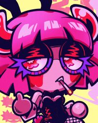 bunnysuit chocovania_(artist) chocovania_(character) cigarette demon demon_girl horns middle_finger original pink_hair pink_skin short short_hair