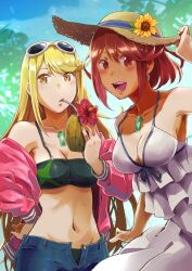 2girls blonde_hair bra breasts coconut coconut_drink core_crystal dress earrings female female_only jacket jacket_partially_removed jeans kawa_raya large_breasts long_hair looking_at_viewer midriff mythra navel nintendo outside pink_jacket pyra red_eyes red_hair short_hair sports_bra sun_hat sunglasses sunglasses_on_head trees unbuttoned_pants white_dress xenoblade_(series) xenoblade_chronicles_2 yellow_eyes