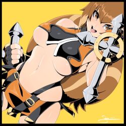 animal_ears blazblue breasts brown_eyes brown_hair crop_top female highres its_just_suppi large_breasts makoto_nanaya microskirt short_hair skirt squirrel_ears squirrel_tail tail tonfa underboob weapon