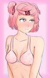 1girls :t artlab blush bow_bra bra breasts doki_doki_literature_club female natsuki_(doki_doki_literature_club) navel pink_eyes pink_hair pout print_bra thedarkartlab_(artist)