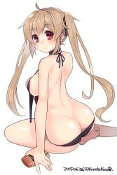 ass ass_cleavage bare_back bare_shoulders bikini blush breasts brown_eyes butt_crack dated female hair_ornament hair_ribbon highres kantai_collection kuro_chairo_no_neko large_breasts light_brown_hair long_hair looking_at_viewer looking_back murasame_(kantai_collection) red_eyes ribbon simple_background sitting smile solo swimsuit twintails twitter_username white_background yokozuwari