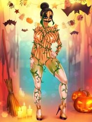 black_hair busty_biz cleft_of_venus female glasses halloween_decoration nude nude_female scarlett_(busty_biz)