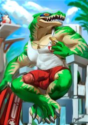 2023 anthro biped bottomwear bulge claws clothing cloud crocodile crocodilian crocodylid digital_media_(artwork) erection eyewear finger_claws genitals green_body hi_res holding_whistle humanoid_genitalia humanoid_penis league_of_legends male multicolored_body muscular muscular_anthro muscular_male obaum open_mouth open_smile outside penis poking_out pool_party_renekton pool_party_series red_bottomwear red_clothing red_shorts renekton reptile riot_games scalie sharp_teeth shirt shorts sky smile solo sunglasses tan_body tank_top teeth toe_claws topwear two_tone_body whistle_(object) white_clothing white_shirt white_tank_top white_topwear