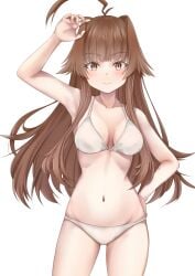 ahoge bare_arms bare_legs bare_shoulders bikini blush breasts brown_eyes brown_hair closed_mouth collarbone cowboy_shot female groin highres huge_ahoge kantai_collection koru_pera kuma_(kantai_collection) long_hair medium_breasts navel simple_background smile solo swimsuit white_background white_bikini