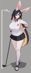 1girls anthro anthro_only big_breasts black_hair blush bunny_ears bunny_tail clothing female female_only golf_club golf_outfit grey_background hand_on_hip height_chart hi_res lagomorph long_hair looking_at_viewer miniskirt original original_character red_eyes smiling smiling_at_viewer solo two_tone_hair whooo-ya yellow_hair