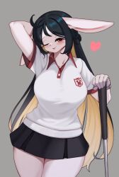 1girls anthro anthro_only big_breasts black_hair blush bunny_ears clothing female female_only golf_club golf_outfit grey_background hand_behind_head heart hi_res lagomorph long_hair looking_at_viewer miniskirt original original_character red_eyes smiling smiling_at_viewer solo tongue_out two_tone_hair whooo-ya wink winking_at_viewer yellow_hair