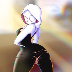 1girls 2d 2d_(artwork) ass_focus breasts confusion embarrassed_nude_female enf female female_only gwen_stacy hoodie looking_back marvel marvel_comics mask masked masked_female pussy ripped_clothing shocked slamasnack_ slmsnac solo spider-gwen spider-man:_into_the_spider-verse spider-man_(series) thick_thighs thighs tight_clothing tight_fit vagina