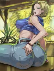 1girls android_18 ass blonde_hair blue_eyes breasts dat_ass dragon_ball dragon_ball_z female female_only fully_clothed huge_ass huge_breasts jeans kazo large_breasts low-angle_view short_hair solo