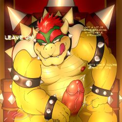 absurd_res anthro balls big_balls big_penis blush bodily_fluids bowser bracelet collar dialogue english_text erection genital_fluids genitals girthy green_body hi_res imminent_sex jewelry koopa licking licking_lips looking_at_viewer looking_pleasured male male_only mario_(series) multicolored_body musclegut muscular muscular_anthro muscular_male nintendo nipples nude pecs penis precum samonaa2 scalie shell solo spiked_bracelet spiked_collar spiked_shell spikes spikes_(anatomy) talking_to_viewer text tongue tongue_out yellow_body