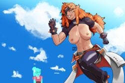 asher_(omega_strikers) big_breasts blue_eyes breasts breasts_out breasts_outside exposed_breasts eyepatch female juno_(omega_strikers) long_hair nipples omega_strikers orange_hair running zhel