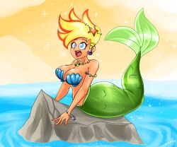 1girls canon_genderswap female genderswap_(mtf) jenny_test johnny_test johnny_test_(series) large_breasts lips mermaid mermaid_tail midriff navel radioactive_sign rule_63 seashell_bra seashell_earrings slemka tan wide_hips