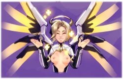 1girls angela_ziegler blonde_hair breasts closed_eyes halo javehorny looking_at_viewer mercy nipples open_shirt overwatch partially_clothed presenting short_hair smile solo standing wings