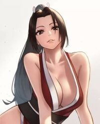 1girls 2023 2d 2d_(artwork) asian asian_female bare_shoulders big_breasts breasts brown_eyes brown_hair cleavage clothed clothed_female fatal_fury female female_only hands_on_floor hara_kenshi human human_female human_only japanese japanese_clothes japanese_female king_of_fighters kunoichi long_hair looking_at_another looking_down lying_on_side mai_shiranui ninja no_sex not_ai_generated ponytail simple_background sleeveless smile smiling_at_viewer solo solo_female straight_hair upper_body video_game_character white_background young_woman