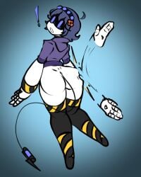 absurd_res ass big_ass big_butt blue_eyes blue_hair disembodied_hand female female_only flower_in_hair ghastlypann glitch_productions hoodie k murder_drones original_character robot robot_girl spanking spanking_ass striped_legs surprised tail thick_thighs