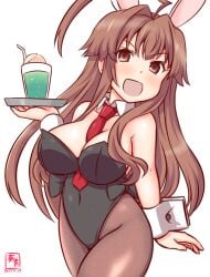 ahoge alternate_breast_size alternate_costume animal_ears artist_logo between_breasts black_leotard blush breasts brown_eyes brown_hair brown_pantyhose covered_navel cowboy_shot dated detached_collar drinking_straw fake_animal_ears female food glass highleg highleg_leotard holding holding_tray huge_ahoge ice_cream ice_cream_float kanon_(kurogane_knights) kantai_collection kuma_(kantai_collection) large_breasts leotard long_hair looking_at_viewer necktie necktie_between_breasts one-hour_drawing_challenge open_mouth pantyhose playboy_bunny rabbit_ears rabbit_tail red_necktie shortstack simple_background smile solo strapless strapless_leotard tail tray white_background wrist_cuffs