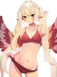 1girls belly_button bird_girl blonde_hair blue_eyes blush bra choker eyebrows_visible_through_hair female female_only indie_virtual_youtuber light-skinned_female light_skin lingerie looking_at_viewer midorikawa_(tawf5452) panties red_bra red_panties simple_background sivi_(vtuber) solo underwear virtual_youtuber white_background wings