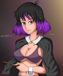 black_hair bra breasts cape gasketxbaskets hilda_(series) kaisa_(hilda) large_breasts navel purple_bra purple_eyes purple_hair two_tone_hair violet_eyes voluptuous voluptuous_female wand wood_wand