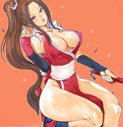 1girls bra breasts brown busty clothing eyes female female_only kazaana king_of_fighters lips mai_shiranui ninja nipples pale pale-skinned ponytail sideboob sitting solo thick_thighs thighs