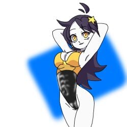 2d abs armpits arms_up big_breasts biting_lip blue_background breasts color colored cute darlink drawing earrings excited eyelashes female female_only heart-shaped_pupils latex long_hair looking_at_viewer purple_hair pussy slamasnack_ slmsnc stars super_planet_dolan swimsuit thighs yellow_eyes