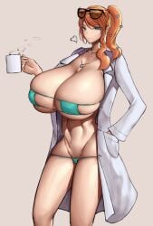 1girls alternate_breast_size alternate_version_available aqua_eyes bakunyuu bikini bikini_bottom bikini_top black_background black_eyewear black_frame_glasses breasts breasts_bigger_than_head bursting_breasts cleavage closed_mouth coffee_mug collarbone contrapposto cowboy_shot creatures_(company) cup curvaceous eyepatch_bikini eyewear_on_head feet_out_of_frame female framed_eyewear full_cleavage game_freak gigantic_breasts glasses_on_head green_bikini green_eyes green_eyes_female grey_background hair_ornament hand_in_pocket heart heart_hair_ornament heart_pendant hi_res highres hourglass_figure human jewelry labcoat light-skinned_female light_skin long_hair long_sleeves looking_at_viewer lowleg lowleg_bikini micro_bikini micro_bikini_bottom micro_bikini_top mug necklace nintendo no_pubic_hair orange_hair orange_hair_female out_of_frame pelvic_line pendant pendant_necklace pokemon pokemon_(game) pokemon_professor pokemon_ss shaved_crotch shaved_pussy side_ponytail simple_background skindentation slim_waist slutty_outfit smile smiling_at_viewer solo solo_female sonia_(pokemon) standing swimsuit toned toned_body toned_female top_heavy voluptuous voluptuous_female white_coat white_lab_coat wolffeld wolffeld_price