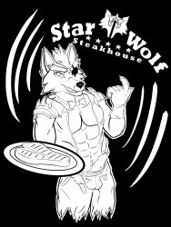 abs absurd_res anthro beckoning beef belt belt_buckle bow_tie bulge clothed clothing dripping eye_patch eyewear food gesture hi_res jockstrap libel male meat nintendo open_clothing open_shirt open_topwear plate shirt sneer solo star_fox steak topwear underwear waiter wolf_o'donnell