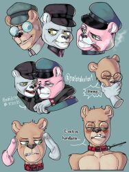 2023 anthro balls bear blush brown_body capitan_hocicos clothing collar comandante_fluffy coronel_otto dialogue erection eyewear genitals glasses group hat headgear headwear hi_res leash male male/male mammal patatahotart penis smoking solo_focus spanish_text text translation_request unicorn_wars