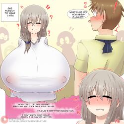 big_breasts blush breasts crysnickel english_text enormous_breasts erect_nipples erect_nipples_under_clothes female giant_breasts gigantic_breasts huge_breasts hyper_breasts large_breasts massive_breasts mature_female milf nipples nipples_visible_through_clothing no_bra text text_bubble uzaki-chan_wa_asobitai! uzaki_tsuki