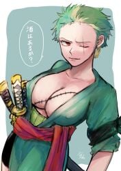 aoiaoba0316 big_breasts cleavage earrings facial_scar female female_only genderswap_(mtf) green_hair haramaki japanese_text katana kimono nipple_bulge no_bra one_piece post-timeskip red_eyes roronoa_zoro rule_63 scar scar_across_eye short_hair smile solo speech_bubble sword tomboy translated very_short_hair weapon