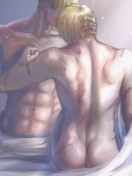 2boys abs ass back_muscles blonde_hair brothers butt_crack completely_nude donquixote_doflamingo donquixote_rosinante gay hand_on_another's_head incest male male_only namomito nude one_piece rear_view scars siblings sitting toned toned_male yaoi