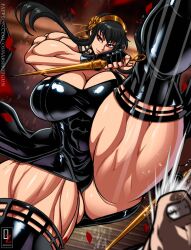 1girls black_hair extreme_muscles female hair_ornament kicking large_breasts latex milf muscular_arms muscular_female muscular_thighs osmar-shotgun red_eyes spy_x_family stiletto_(weapon) thick_thighs thigh_boots thighhighs yor_briar yor_forger