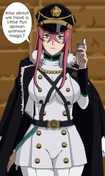 1girls asta_(black_clover) black_clover condom green_eyes hips holding_condom holding_object military_hat military_uniform only_female oppai princia_funnybunny red_hair sondrykle text text_bubble white_clothing