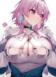 1girls big_breasts blush breasts busty cleavage come_hither honkai:_star_rail izulizuru large_breasts looking_away march_7th_(honkai:_star_rail) nervous_smile open_shirt paizuri_invitation pov smile sweat voluptuous