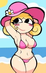 adolli_(466666w) arms_up beach bikini blonde_hair blush curvy dave_and_bambi_mod digital_media_(artwork) dolly_(466666w) eyelashes hat large_breasts light-skinned_female light_skin lipstick looking_away m1nty pink_bikini posing smile solo standing