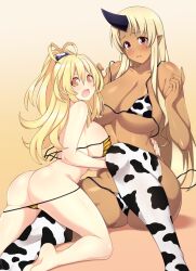 2girls ass big_ass big_breasts bikini blonde_hair bra breasts cow_print crossover dark-skinned_female dark_skin female female_only huge_breasts large_ass large_breasts lindaroze monster_girl monster_musume_no_iru_nichijou multiple_girls neptunia_(series) ogre_girl orange_eyes panties peashy red_eyes stockings tionishia_(monster_musume) yellow_heart_(neptunia)