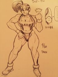 1girls 2016 biceps black_widow_(muscle_bomber) breasts capcom cleavage collarbone earrings headband japanese_text large_breasts mask monochrome muscle_bomber muscular muscular_arms muscular_female muscular_legs navel official_art ponytail slam_masters smile takayuki_nakayama_(taxx) thick_thighs traditional_media