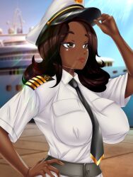 1girls ashley_(busty_biz) belt brown_hair busty_biz cap captain dark-skinned_female dark_skin female female_only fully_clothed hat tie