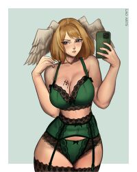 2023 artist_name big_breasts blonde_hair blue_eyes blush cleavage eunie_(xenoblade) garter_belt garter_straps holding_phone iphone lao_arts lingerie mirror_selfie nintendo short_blonde_hair short_hair stockings tattoo tattoo_on_breast wings wings_on_head xenoblade_(series) xenoblade_chronicles_3