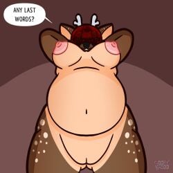 1:1 2023 anthro antlers areola artist_name belly big_areola big_belly big_breasts black_nose breasts brown_body brown_fur cervine colored deer dialogue digital_drawing_(artwork) digital_media_(artwork) ella_(gooeykazoo) english_text female fur genitals gooeykazoo hair hair_over_eyes hands_behind_head hi_res horn low-angle_view mammal markings navel nipples pink_nipples portrait pussy red_hair shaded simple_background smile smirk smirking_at_viewer solo speckled speech_bubble tan_body tan_fur tan_markings text thick_thighs three-quarter_portrait watermark white_markings