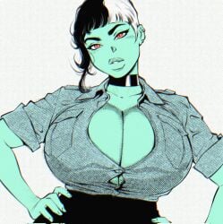 balak big_breasts big_lips black_hair blue_skin breasts choker cleavage clothed clothing ear_piercing female light_blue_skin puffy_lips red_eyes tagme turquoise_skin white_black_hair white_hair