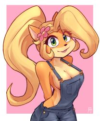 1girls 2023 accessory activision alex_toons anthro arms_behind_back bandicoot blonde_hair border breasts casual cleavage clothing coco_bandicoot countershade_face countershade_torso countershading crash_(series) crash_bandicoot_(series) digital_drawing_(artwork) digital_media_(artwork) ear_piercing earrings female female_solo flower flower_in_hair furry green_eyes hair hair_accessory hair_ornament hands_behind_back long_hair looking_at_viewer mammal marsupial medium_breasts multicolored_body multicolored_face multicolored_skin orange_body orange_skin outerwear overalls overalls_only piercing pink_background ponytail portrait simple_background smile smiling_at_viewer solo solo_female tan_body tan_countershading tan_skin three-quarter_portrait tied_hair two_tone_body two_tone_face two_tone_skin white_border