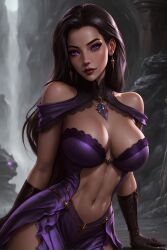 1girls 2023 ai_generated bare_shoulders breasts cleavage clothed_female dress female_only large_breasts liliana_vess long_hair magic_the_gathering navel purple_eyes purple_hair solo stable_diffusion