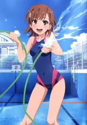 10s 1girls 2013 :d absurd_res bare_legs bare_shoulders brown_eyes brown_hair brunette cloud collarbone competition_swimsuit covered_navel cute day empty_pool feet_out_of_frame female fence happy happy_female hi_res hose matching_hair/eyes misaka_mikoto official_art one-piece_swimsuit open_mouth open_smile outdoors pool pool_ladder scan school_swimsuit short_hair skin_tight sky smile solo splashing standing swimsuit tanaka_yuuichi teenage_girl teenager thighs to_aru_kagaku_no_railgun to_aru_majutsu_no_index water young