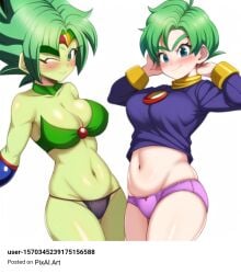 2girls ai_generated alien_girl belly blue_eyes breasts brown_fur clothing_lift cute dragon_ball dragon_ball_super green_eyes green_hair light-skinned_female light_green_skin looking_at_viewer medium_breasts medium_thighs panties stable_diffusion winking_at_viewer