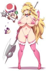 1boy 1girls bikini blonde_hair blue_eyes breasts female female_focus full_body hips holding_object huge_breasts human konno_tohiro light-skinned_female light_skin long_hair male mario_(series) mushroom naughty_face navel nintendo pink_bikini png princess_peach simple_background smile standing super_mario_bros. super_mario_bros._(2023_film) swimsuit thick_thighs thighhighs thighs toad_(mario) weapon wide_hips