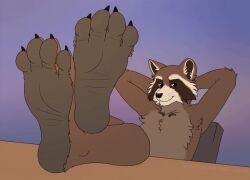 2022 4_toes aliscik animated anthro barefoot brown_body brown_fur claws countershade_feet countershading crossed_ankles crossed_feet digital_media_(artwork) feet feet_on_table foot_fetish foot_focus fur furniture gradient_background guardians_of_the_galaxy hands_behind_back hindpaw humanoid_feet looking_at_viewer male male_focus male_only mammal marvel movement nude paws plantigrade procyonid purple_background purplepawprince raccoon reclining rocket_raccoon short_playtime simple_background sitting smile soles solo solo_male table tan_body tan_fur toe_claws toes whiskers wrinkled_feet